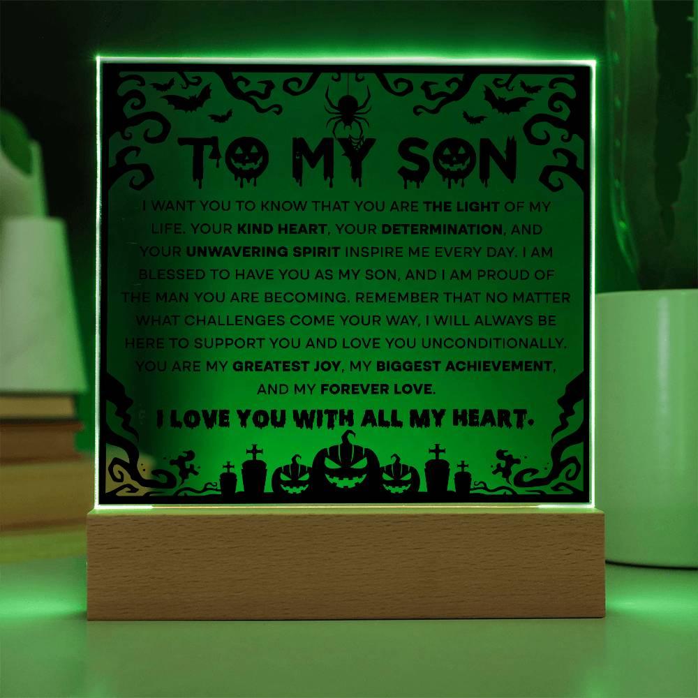 Son - Proudest Achievement - Halloween Acrylic Square Plaque with LED Wooden Base - Mallard Moon Gift Shop