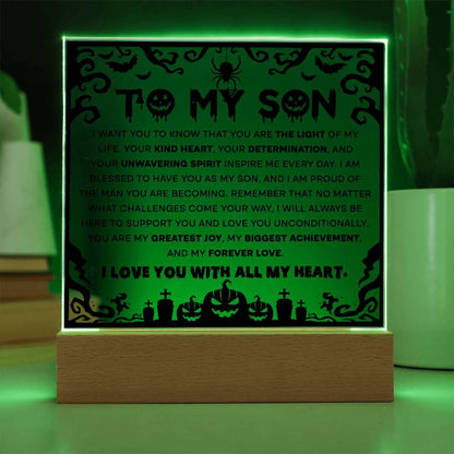 Son - Proudest Achievement - Halloween Acrylic Square Plaque with LED Wooden Base - Mallard Moon Gift Shop