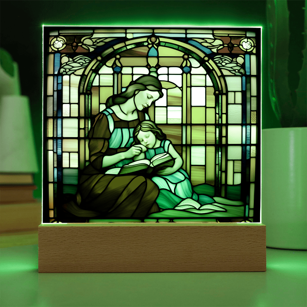 Mother and Child Reading Together Stained-Glass Style LED Acrylic Plaque – A Heartfelt Gift for Moms and Book-Loving Families - Mallard Moon Gift Shop