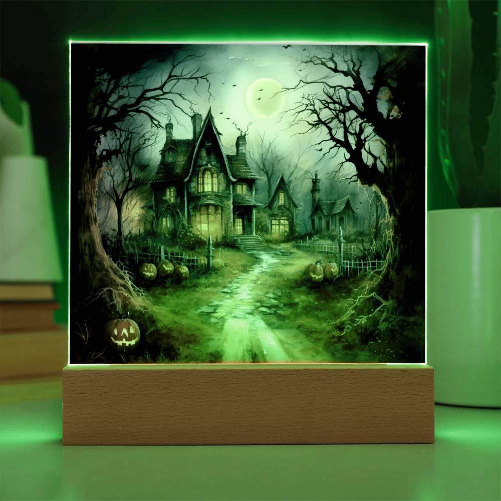 Ghostly Manor: Halloween Acrylic Square Plaque with LED Lighted Wooden Base - Mallard Moon Gift Shop