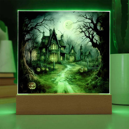 Ghostly Manor: Halloween Acrylic Square Plaque with LED Lighted Wooden Base - Mallard Moon Gift Shop