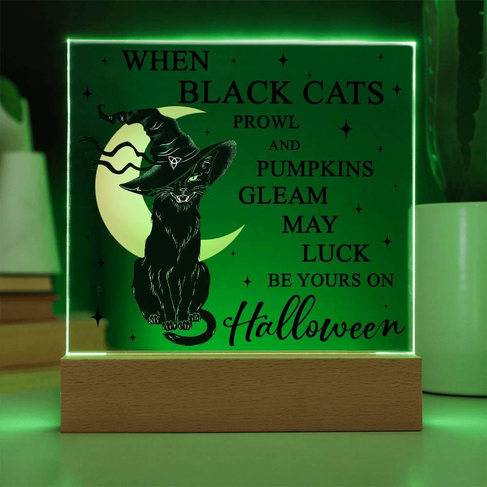 Halloween Decor - Black Cats and Pumpkins Gleam Acrylic Square Plaque with LED Wooden Base - Mallard Moon Gift Shop