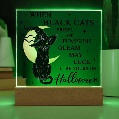 Halloween Decor - Black Cats and Pumpkins Gleam Acrylic Square Plaque with LED Wooden Base - Mallard Moon Gift Shop