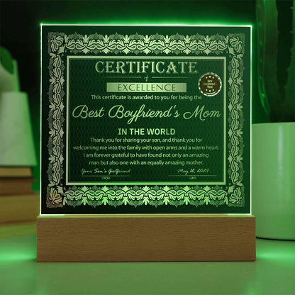 Best Boyfriend's Mom Certificate of Excellence Mother's Day Acrylic Plaque - Mallard Moon Gift Shop