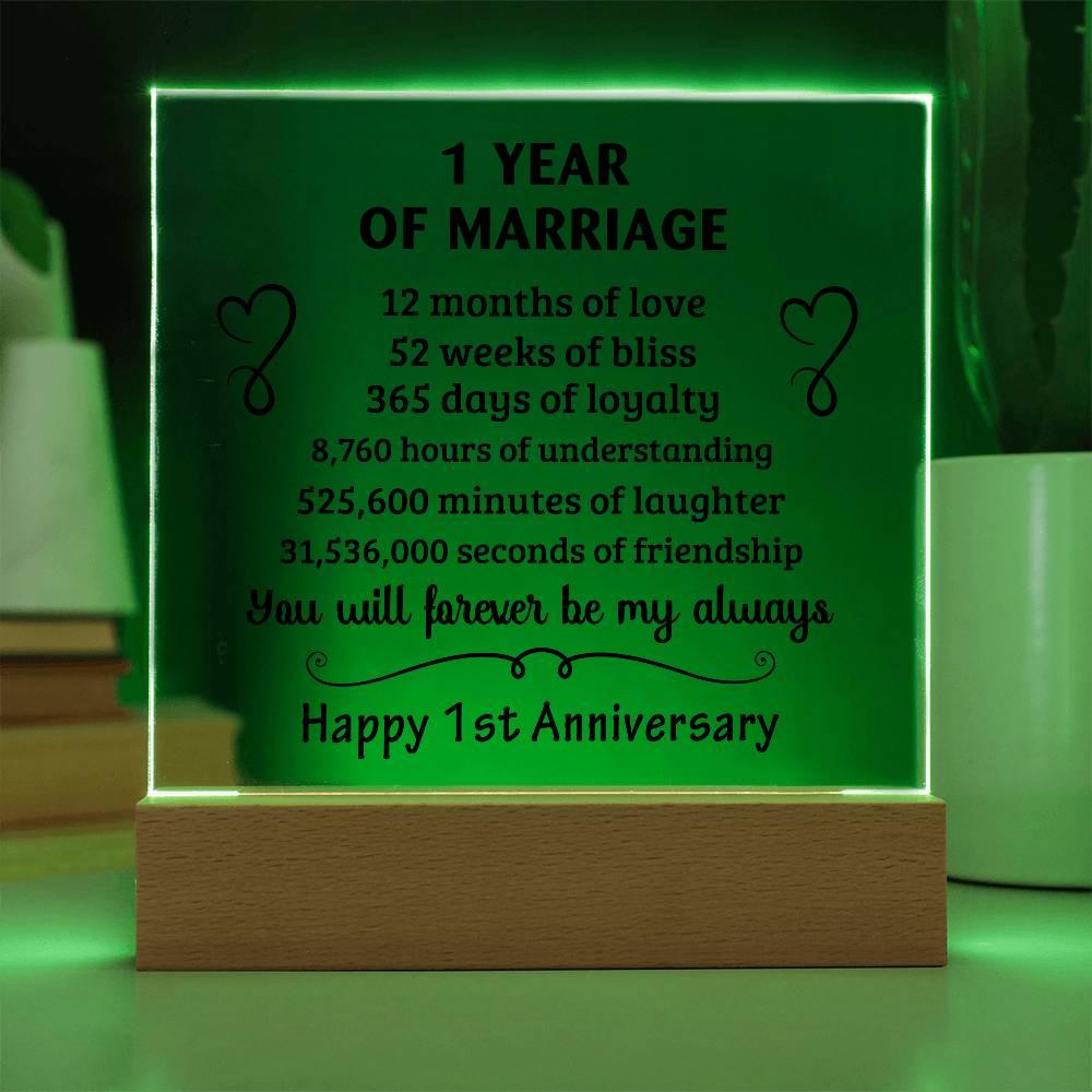 Anniversary Gift - One Year Of Marriage Acrylic Square Plaque with LED Wooden Base - Mallard Moon Gift Shop