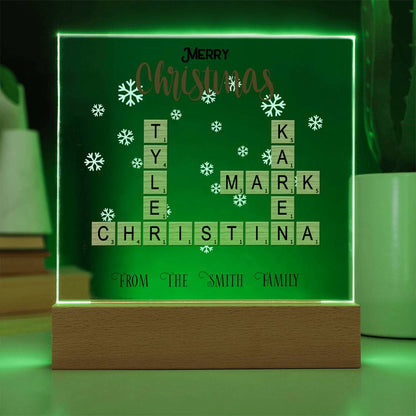 Personalized Crossword Puzzle Merry Christmas Acrylic Plaque with Lighted LED Wooden Base - Mallard Moon Gift Shop