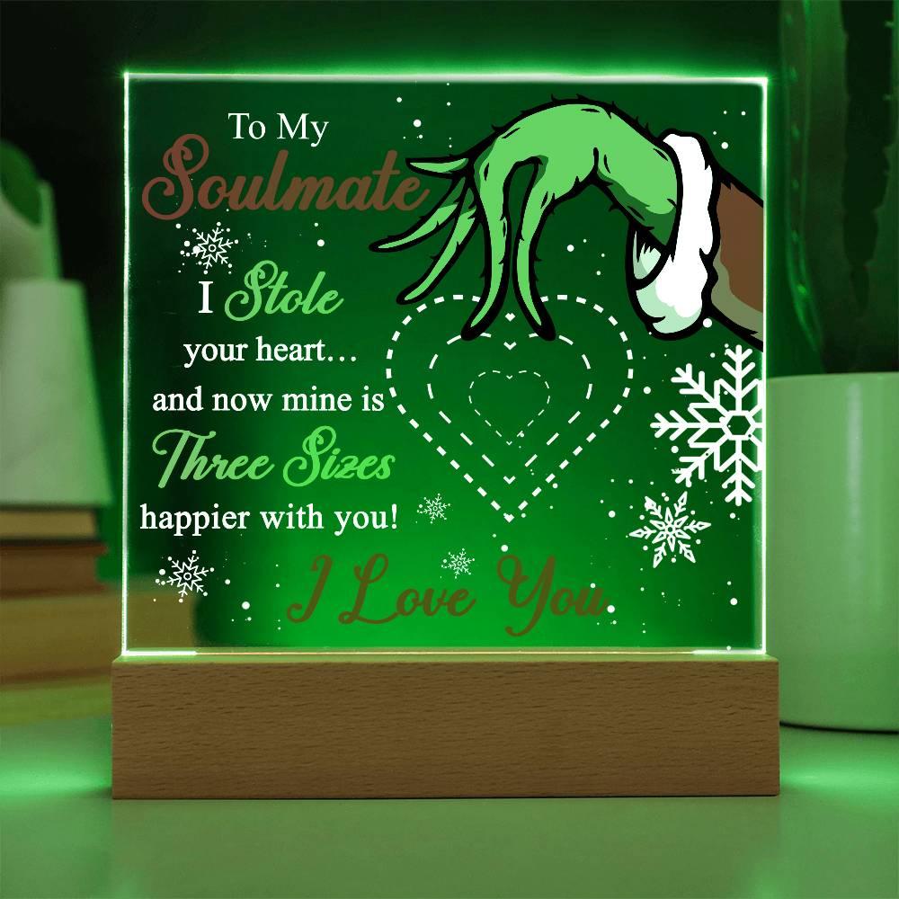 Soulmate Gift - Stole My Heart - Christmas Acrylic Plaque with Lighted LED wooden Base - Mallard Moon Gift Shop