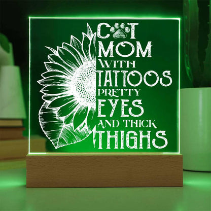 Cat Mom with Tattoos Acrylic Square Plaque with LED Wooden Base - Mallard Moon Gift Shop