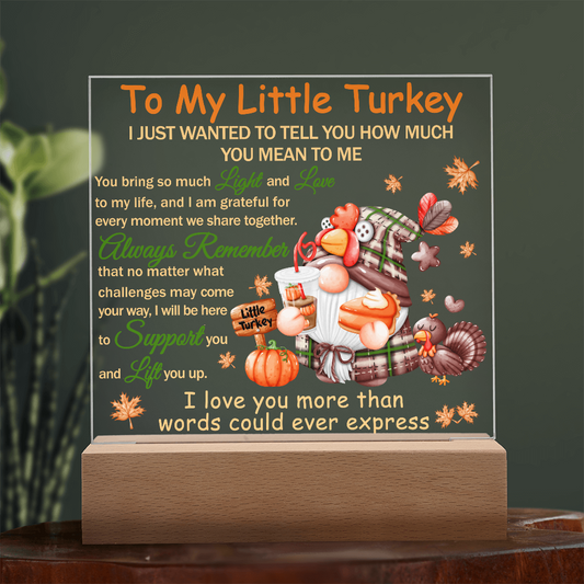 To My Little Turkey Acrylic Plaque – Heartfelt Thanksgiving Gift for Child, Grandchild, or Loved One | Cute Fall Message Keepsake | LED Light Base Option