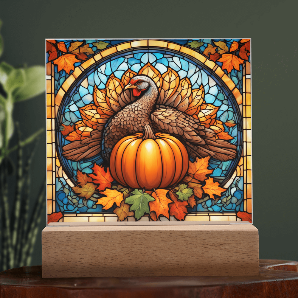 Thanksgiving Stained Glass Turkey Acrylic Plaque – Elegant Fall Home Decor with LED Light Base | Autumn Window Art Inspired Gift