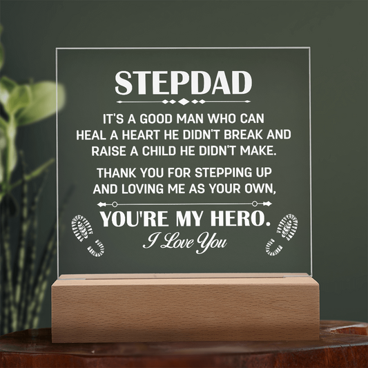 Stepdad Acrylic LED Plaque – “You're My Hero” Personalized Gift with Custom Name for Father's Day, Birthday, or Christmas - Mallard Moon Gift Shop