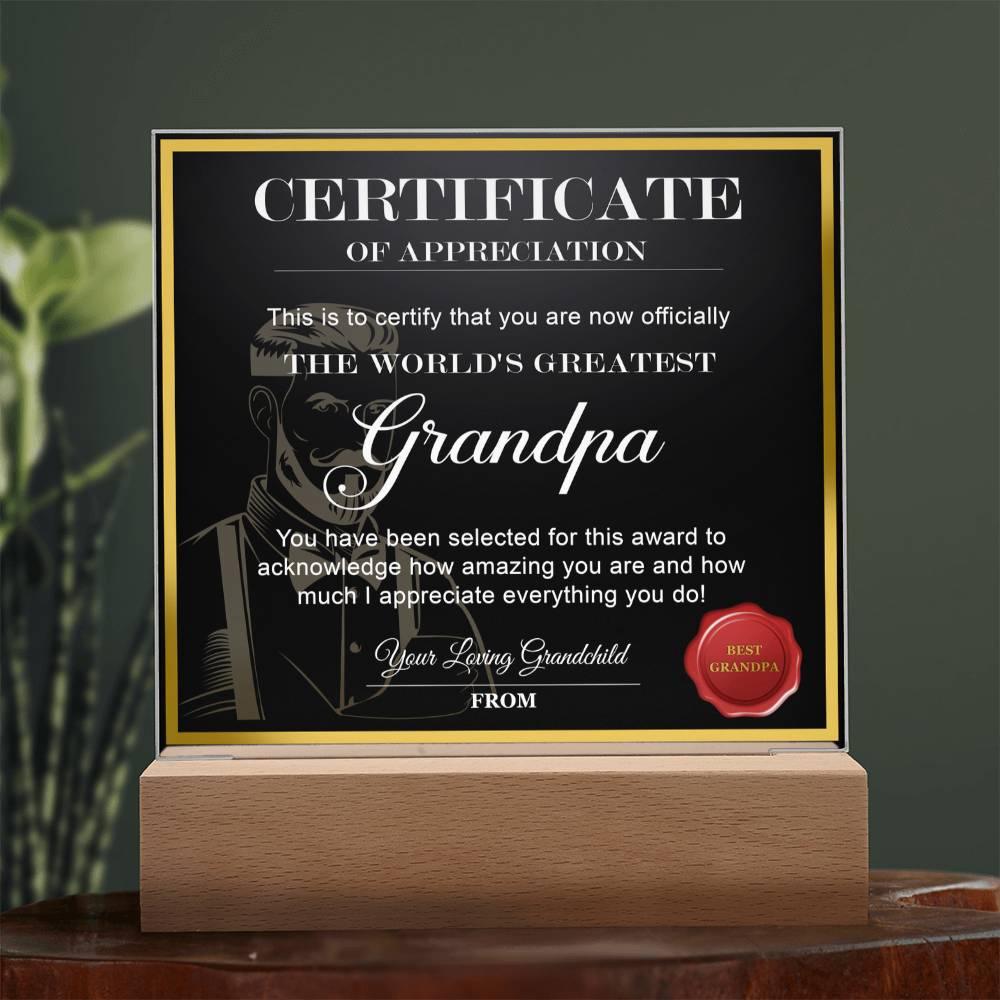 Certificate of Appreciation - The World's Greatest Grandpa Personalized Acrylic Plaque - Mallard Moon Gift Shop