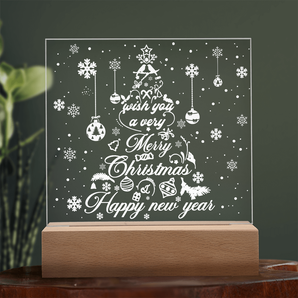 Merry Christmas & Happy New Year Acrylic Plaque – Elegant Holiday LED Light Décor | Festive Tree Design Gift