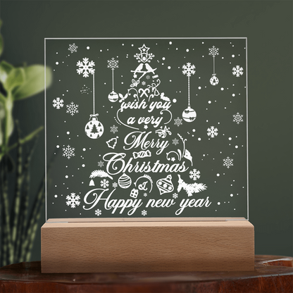Merry Christmas & Happy New Year Acrylic Plaque – Elegant Holiday LED Light Décor | Festive Tree Design Gift