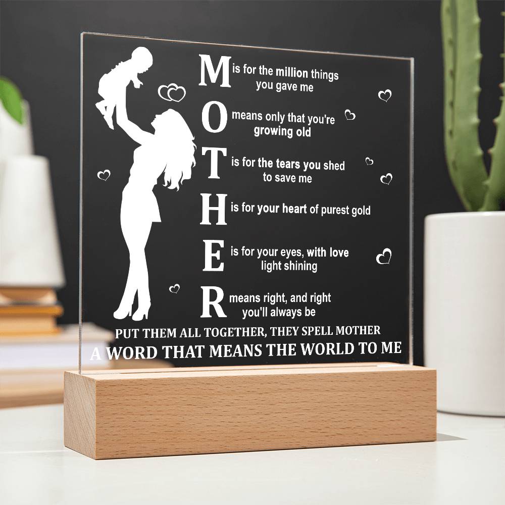 Mother Acrylic LED Plaque – A Word That Means the World to Me | Heartfelt Mother's Day Gift - Mallard Moon Gift Shop