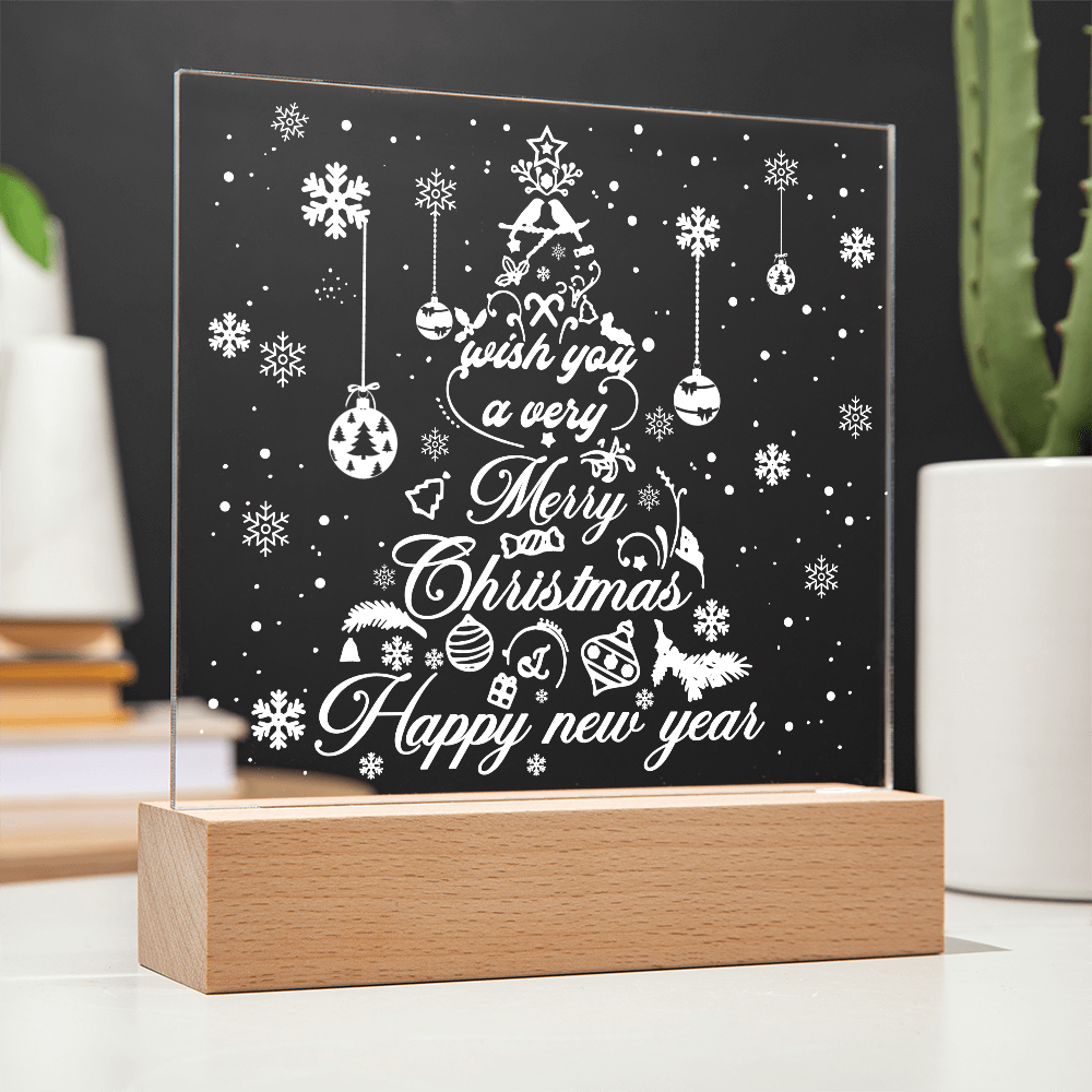 Merry Christmas & Happy New Year Acrylic Plaque – Elegant Holiday LED Light Décor | Festive Tree Design Gift