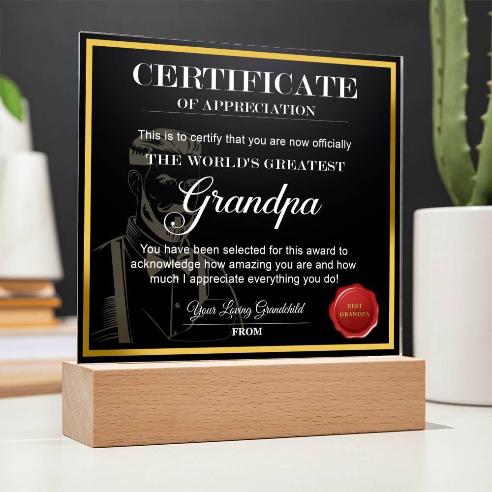 Certificate of Appreciation - The World's Greatest Grandpa Personalized Acrylic Plaque - Mallard Moon Gift Shop