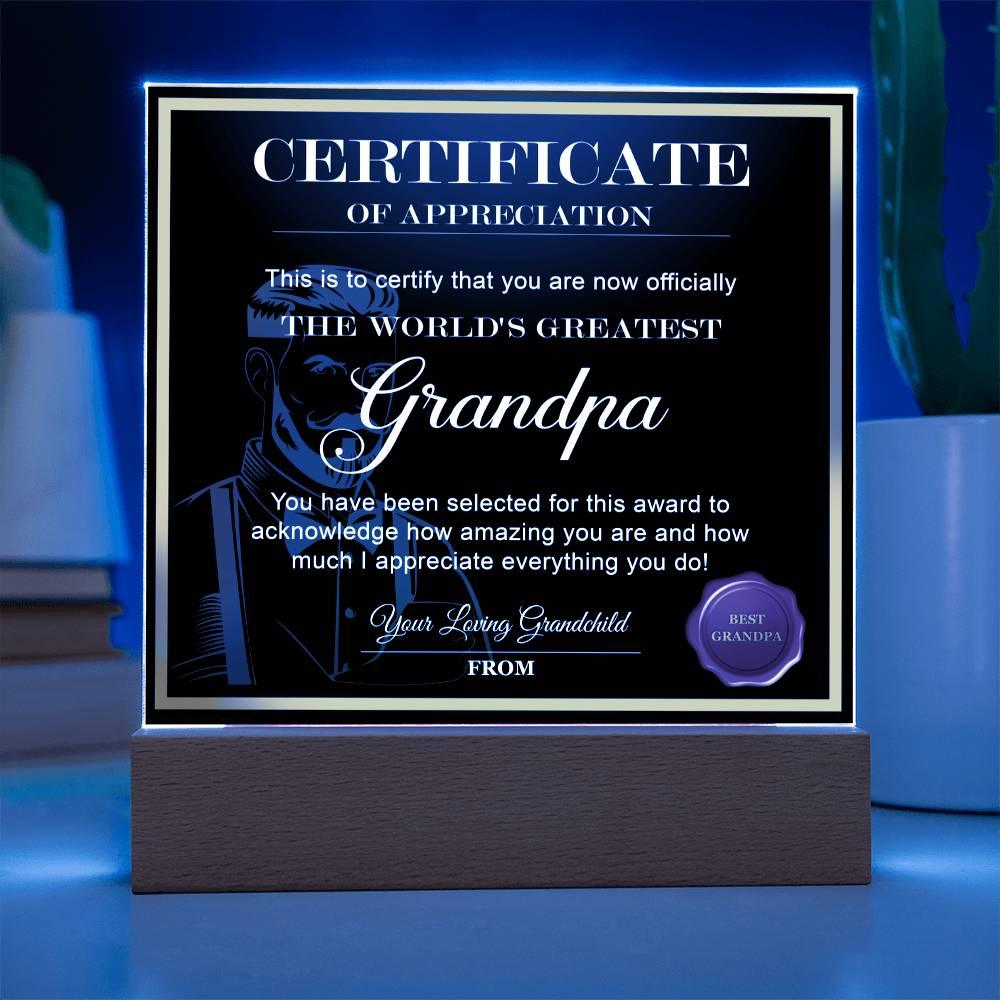 Certificate of Appreciation - The World's Greatest Grandpa Personalized Acrylic Plaque - Mallard Moon Gift Shop