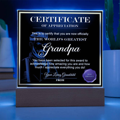 Certificate of Appreciation - The World's Greatest Grandpa Personalized Acrylic Plaque - Mallard Moon Gift Shop