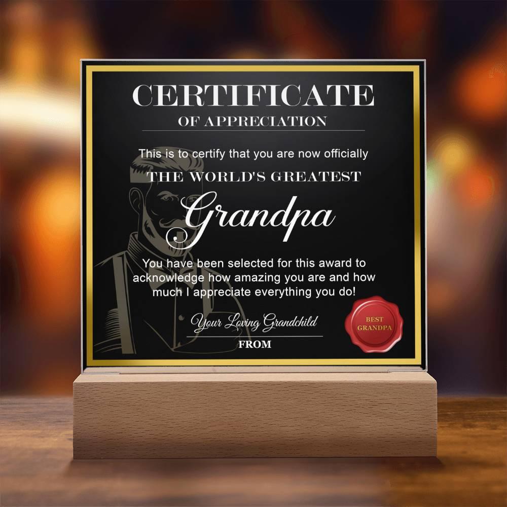 Certificate of Appreciation - The World's Greatest Grandpa Personalized Acrylic Plaque - Mallard Moon Gift Shop
