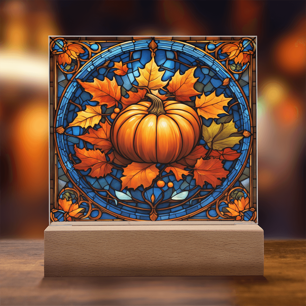 Stained Glass Pumpkin Acrylic Plaque – Elegant Thanksgiving Home Décor | Fall Harvest LED Light Display