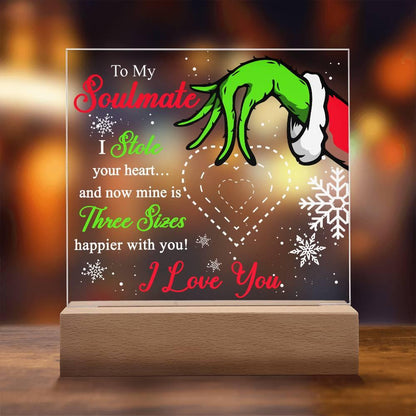 Soulmate Gift - Stole My Heart - Christmas Acrylic Plaque with Lighted LED wooden Base - Mallard Moon Gift Shop