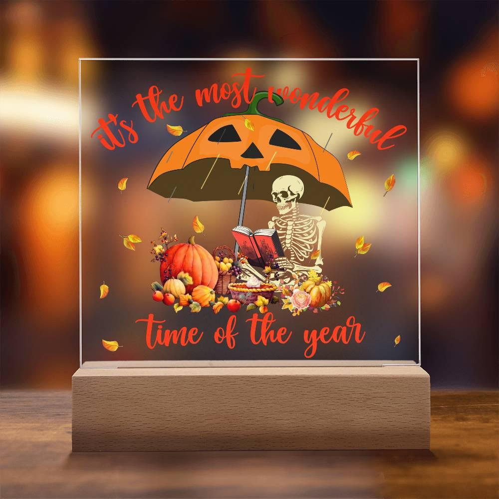 Halloween Decor - Most Wonderful Time of The Year Acrylic Square Plaque with LED Wooden Base - Mallard Moon Gift Shop