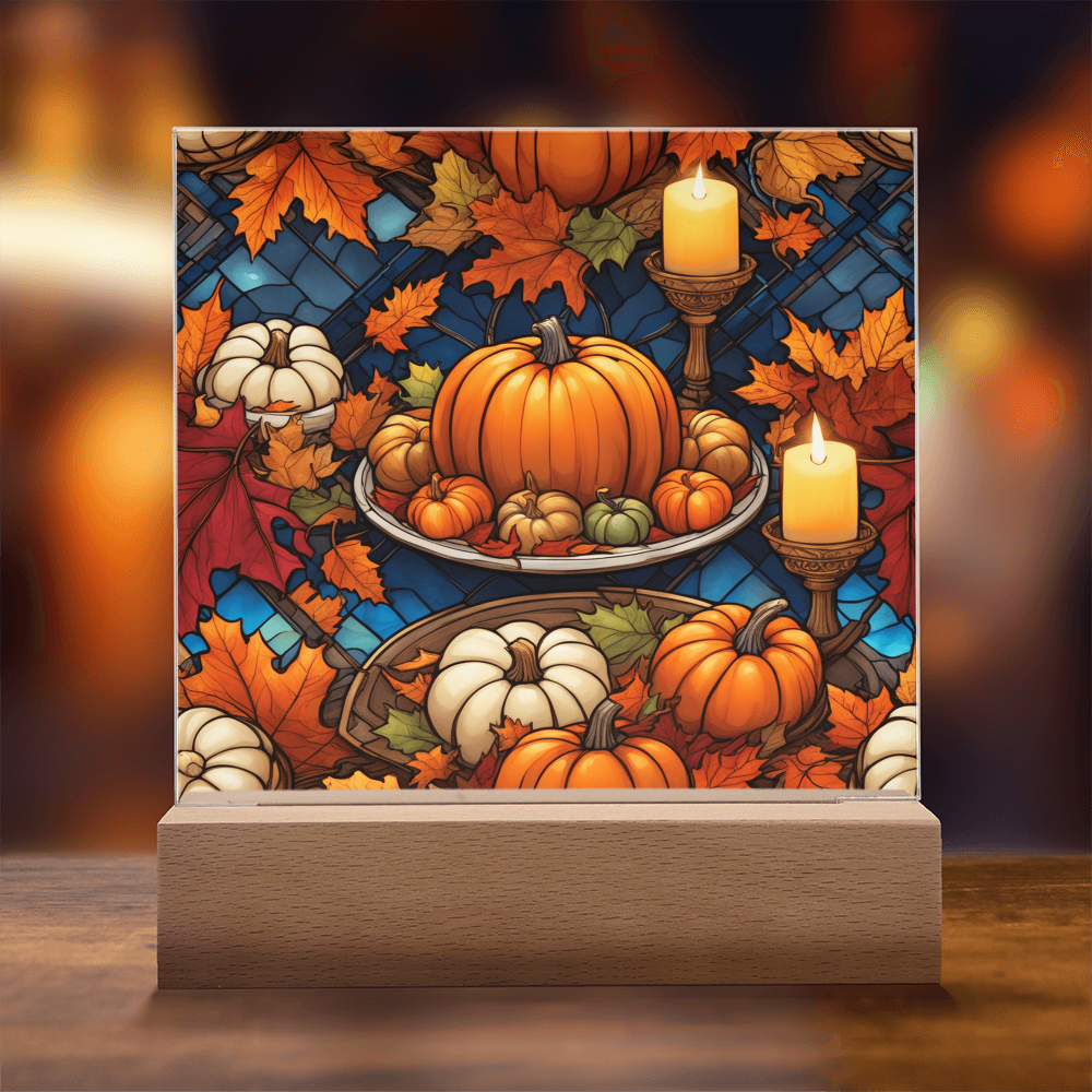 Stained Glass Pumpkin & Candle Acrylic Plaque – Thanksgiving Harvest Centerpiece | Fall Home Décor with LED Light Base