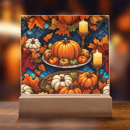 Stained Glass Pumpkin & Candle Acrylic Plaque – Thanksgiving Harvest Centerpiece | Fall Home Décor with LED Light Base