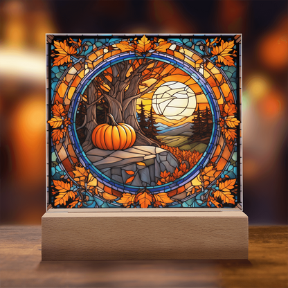 Stained Glass Autumn Pumpkin Sunset Acrylic Plaque – Fall Harvest Home Decor with LED Light Base | Thanksgiving Window Art Accent