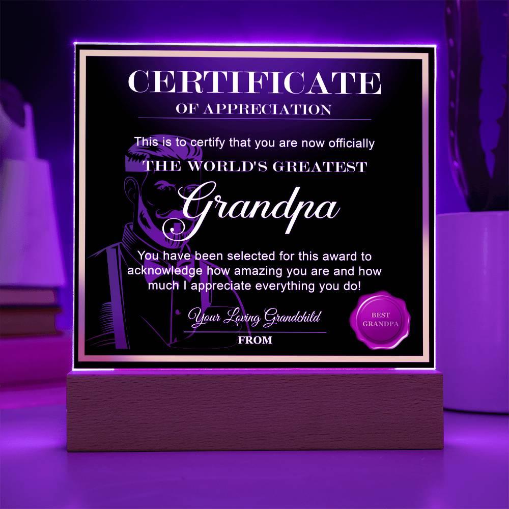 Certificate of Appreciation - The World's Greatest Grandpa Personalized Acrylic Plaque - Mallard Moon Gift Shop
