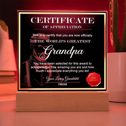 Certificate of Appreciation - The World's Greatest Grandpa Personalized Acrylic Plaque - Mallard Moon Gift Shop