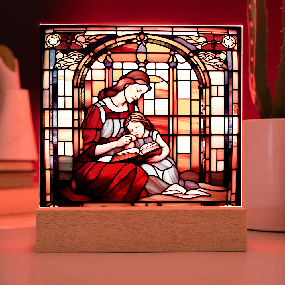 Mother and Child Reading Together Stained-Glass Style LED Acrylic Plaque – A Heartfelt Gift for Moms and Book-Loving Families - Mallard Moon Gift Shop