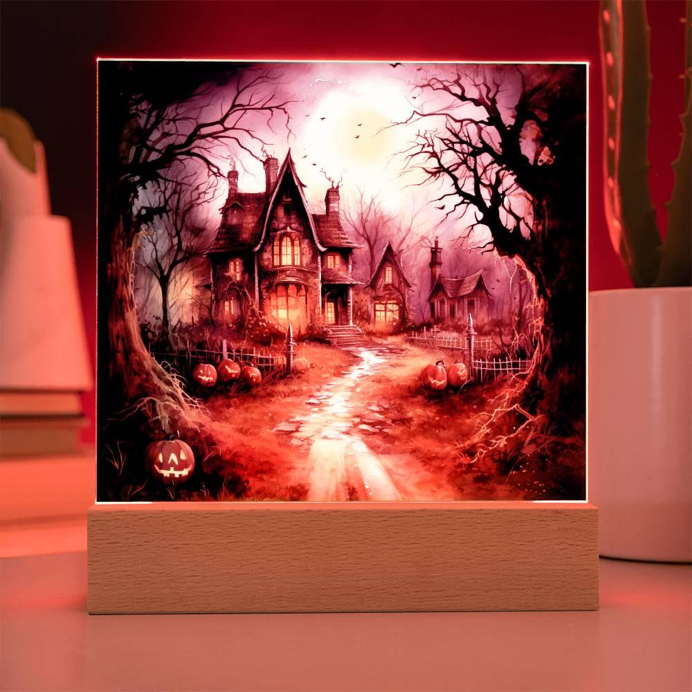Ghostly Manor: Halloween Acrylic Square Plaque with LED Lighted Wooden Base - Mallard Moon Gift Shop