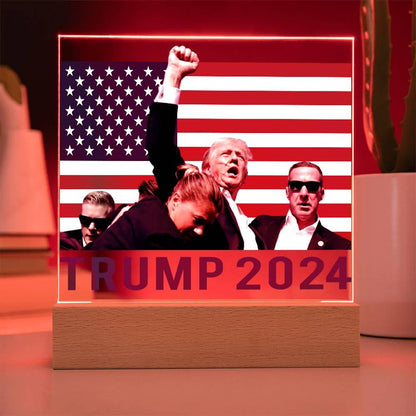 Trump 2024 Butler Rally Acrylic Plaque with LED Lighted Wooden Base - Mallard Moon Gift Shop