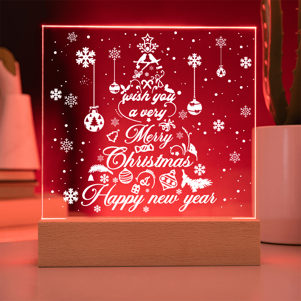 Merry Christmas & Happy New Year Acrylic Plaque – Elegant Holiday LED Light Décor | Festive Tree Design Gift