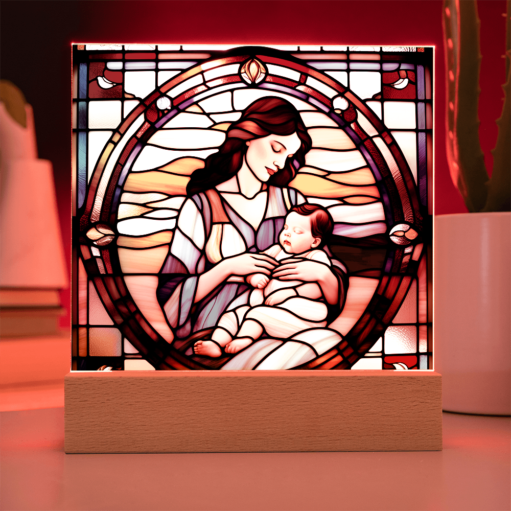 Brunette Mother and Baby - Stained Glass Style LED Acrylic Plaque – A Cherished Gift for Mother's Day or New Moms - Mallard Moon Gift Shop
