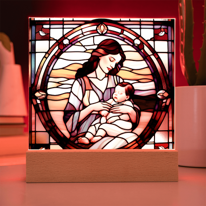 Brunette Mother and Baby - Stained Glass Style LED Acrylic Plaque – A Cherished Gift for Mother's Day or New Moms - Mallard Moon Gift Shop