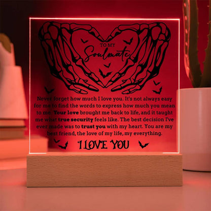 Soulmate - True Security - Halloween Acrylic Square Plaque with LED Lighted Wooden Base - Mallard Moon Gift Shop