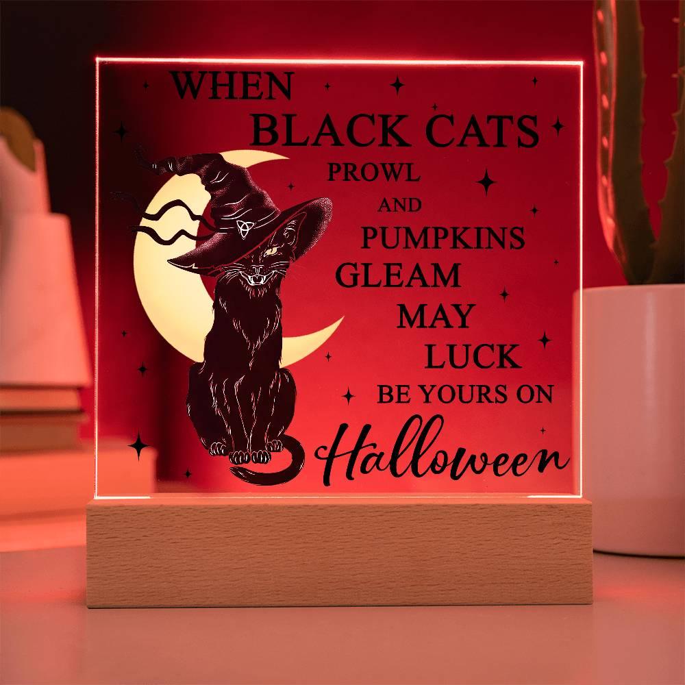 Halloween Decor - Black Cats and Pumpkins Gleam Acrylic Square Plaque with LED Wooden Base - Mallard Moon Gift Shop