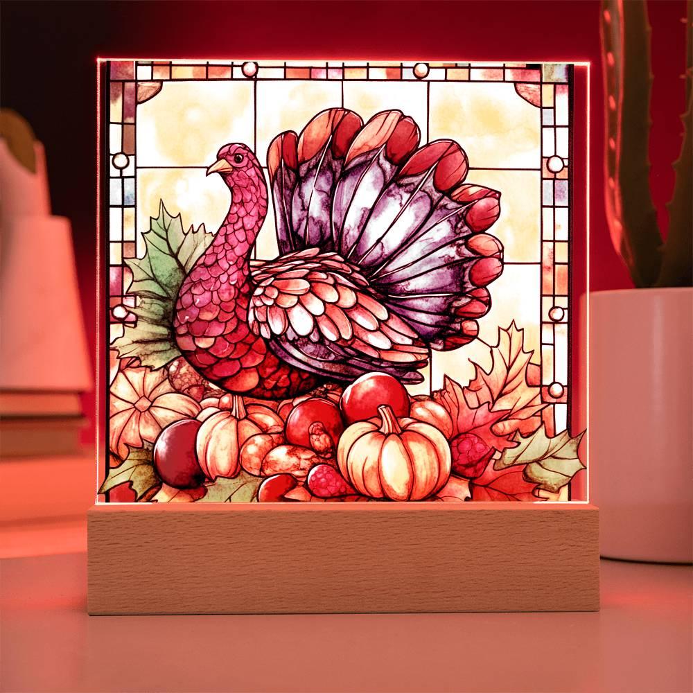 Thanksgiving Turkey Stained-glass Acrylic Square LED Lighted Wooden Base - Mallard Moon Gift Shop