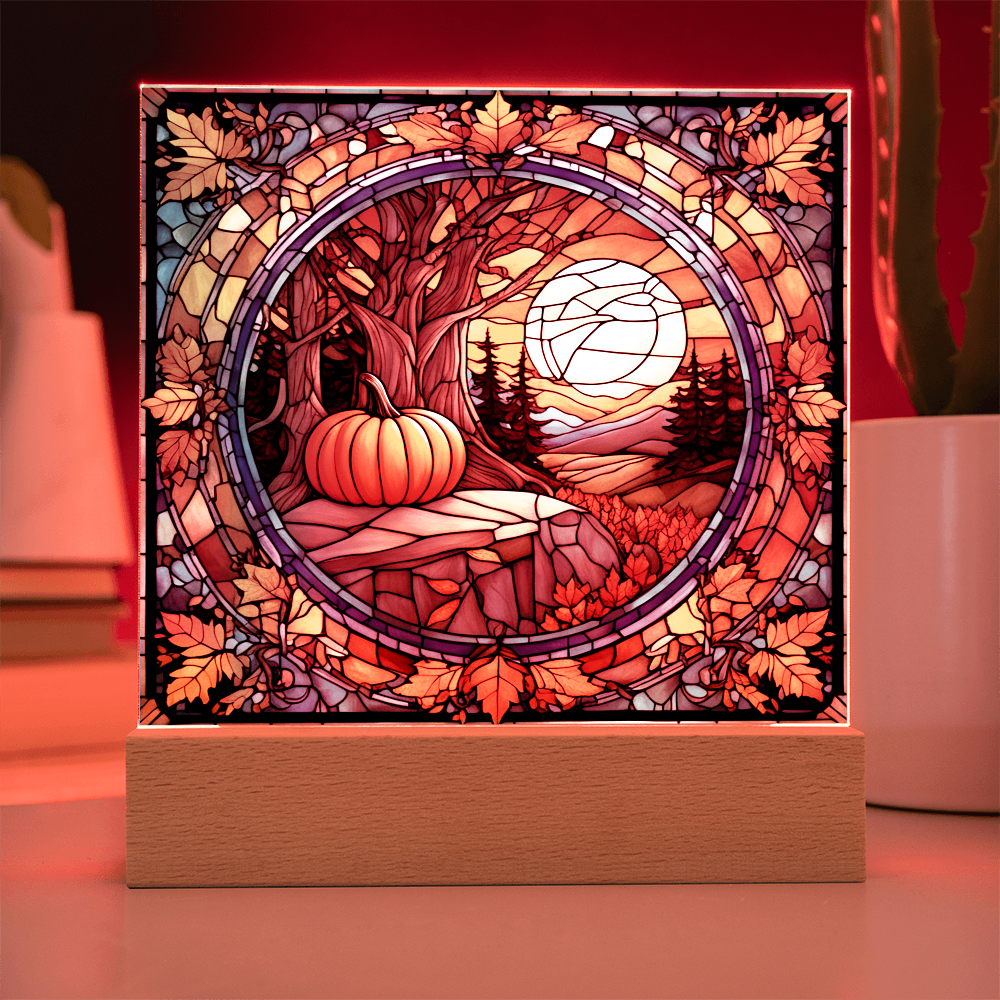 Stained Glass Autumn Pumpkin Sunset Acrylic Plaque – Fall Harvest Home Decor with LED Light Base | Thanksgiving Window Art Accent