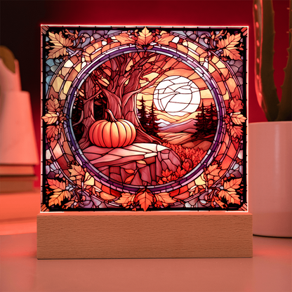 Stained Glass Autumn Pumpkin Sunset Acrylic Plaque – Fall Harvest Home Decor with LED Light Base | Thanksgiving Window Art Accent