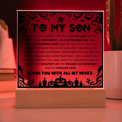 Son - Proudest Achievement - Halloween Acrylic Square Plaque with LED Wooden Base - Mallard Moon Gift Shop