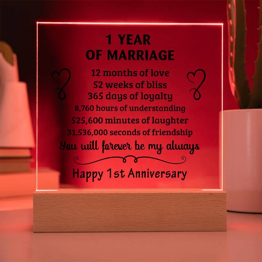 Anniversary Gift - One Year Of Marriage Acrylic Square Plaque with LED Wooden Base - Mallard Moon Gift Shop