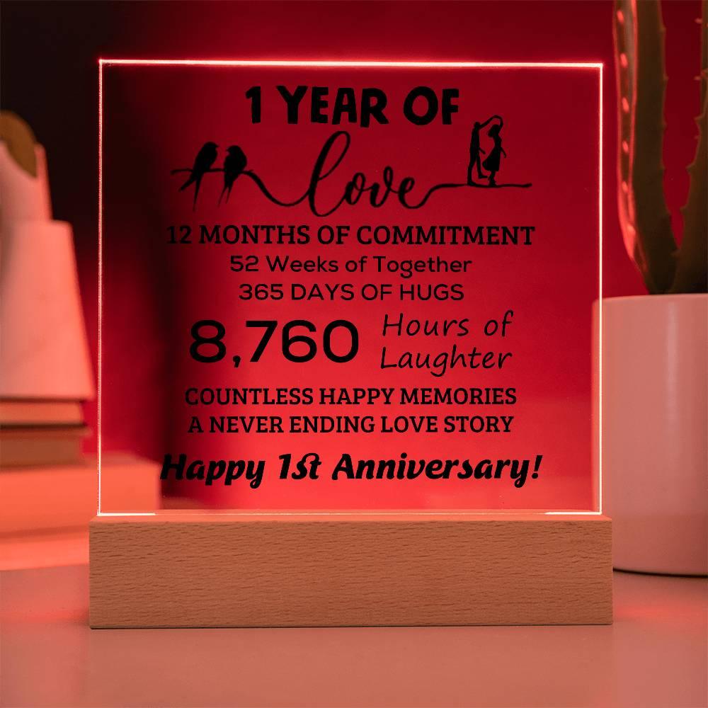 Anniversary Gift One Year of Love, Countless Happy Memories Acrylic Square Plaque with LED Wooden Base - Mallard Moon Gift Shop