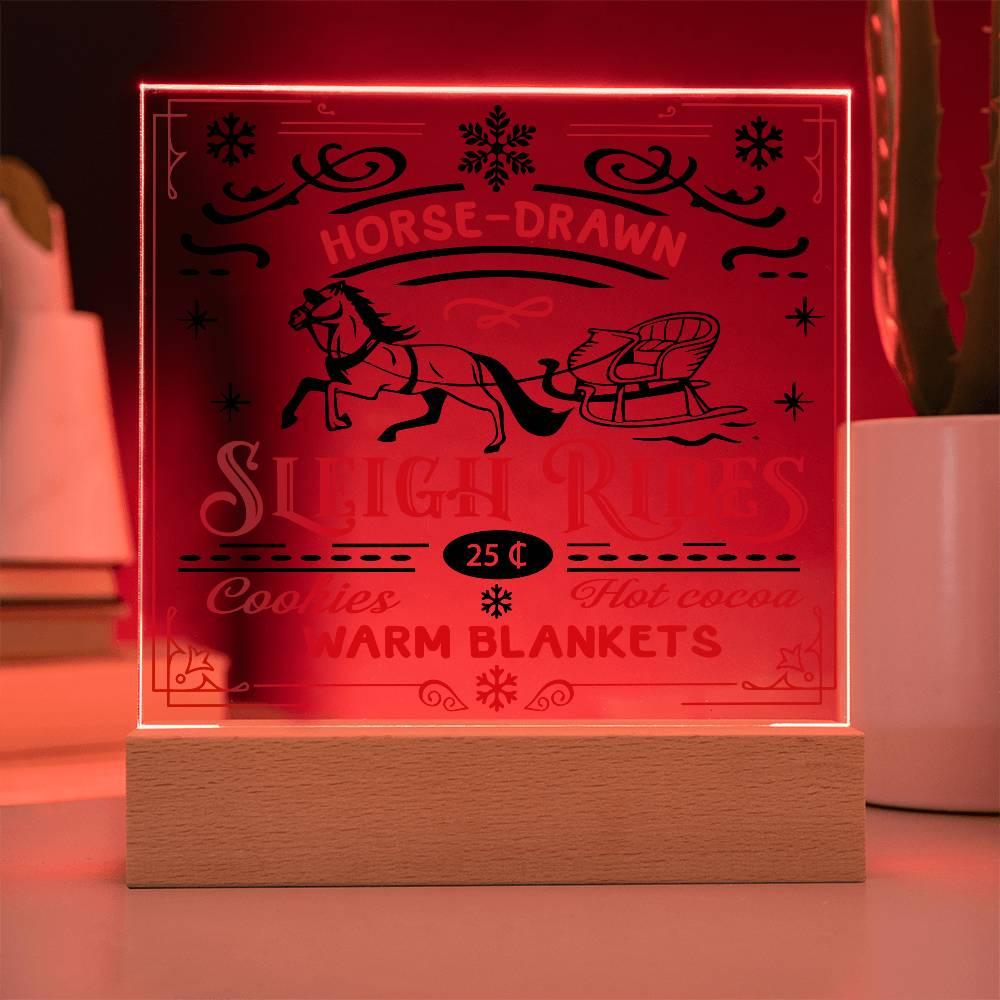 Christmas Horse Drawn Sleigh Rides Acrylic Square Plaque with LED Wooden Base - Mallard Moon Gift Shop