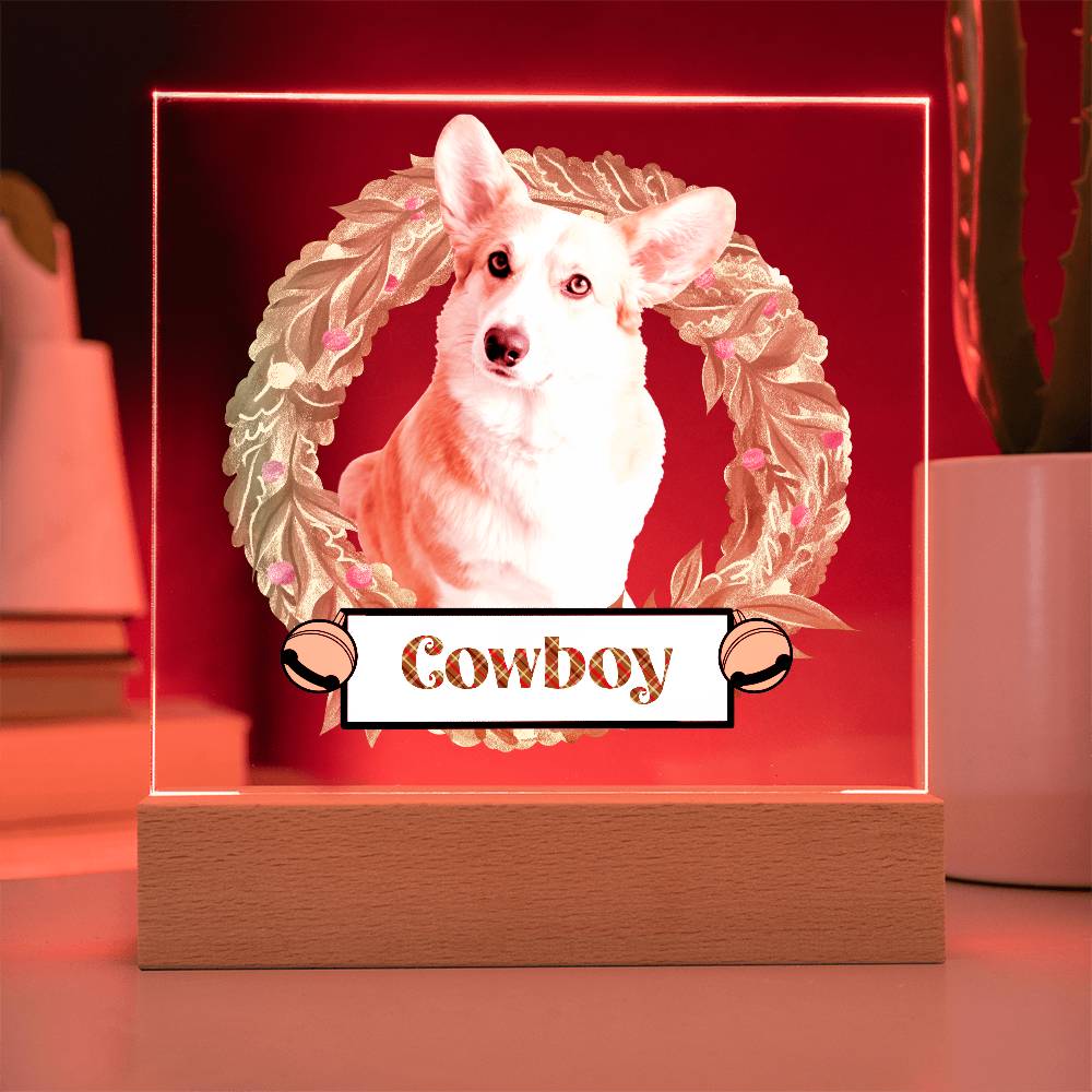 Pet Personalized Holiday Wreath Photo Upload Keepsake Acrylic Plaque with Lighted LED Wooden Base - Mallard Moon Gift Shop