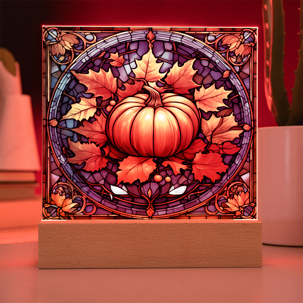 Stained Glass Pumpkin Acrylic Plaque – Elegant Thanksgiving Home Décor | Fall Harvest LED Light Display