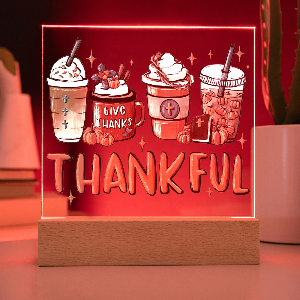 Thankful Coffee Acrylic Plaque – Cozy Fall Décor Gift for Coffee Lovers | “Give Thanks” Autumn LED Light Display